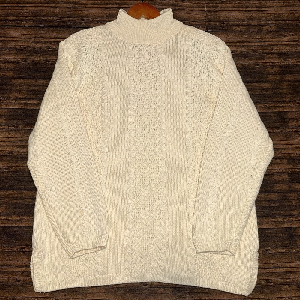 Vintage Lord & Taylor Cable Knit Sweater Large 100% Cotton Mock Neck Ivory 90s